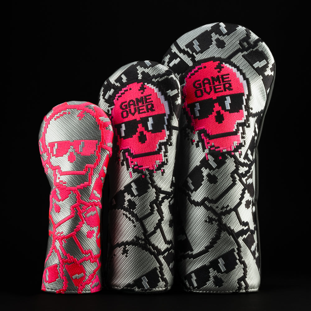 Neon Pink Game Over Stacked Skulls — 